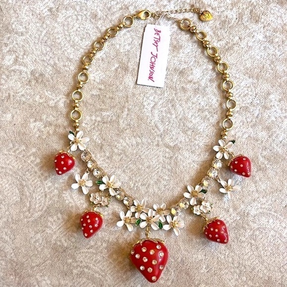 Betsey Johnson Jewelry - Brand New Betsey Johnson Gold Tone Strawberry Rhinestone Daisy Floral Necklace